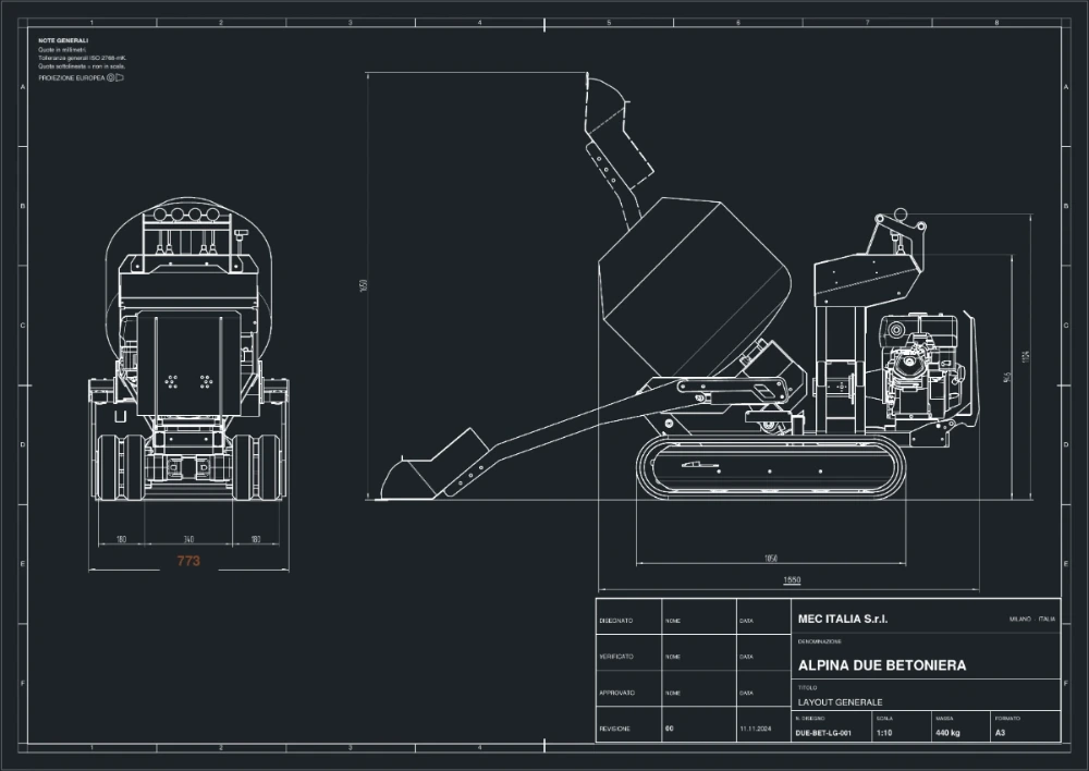 Disegno di costruzione quotato Alpina DUE betoniera, larghezza 773 mm